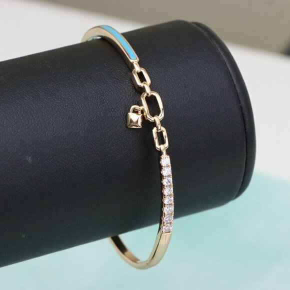 Chic Rose Gold Bangle with Lock Charm and Blue Enamel Accent, XPBL0432 - Picture 7 of 10
